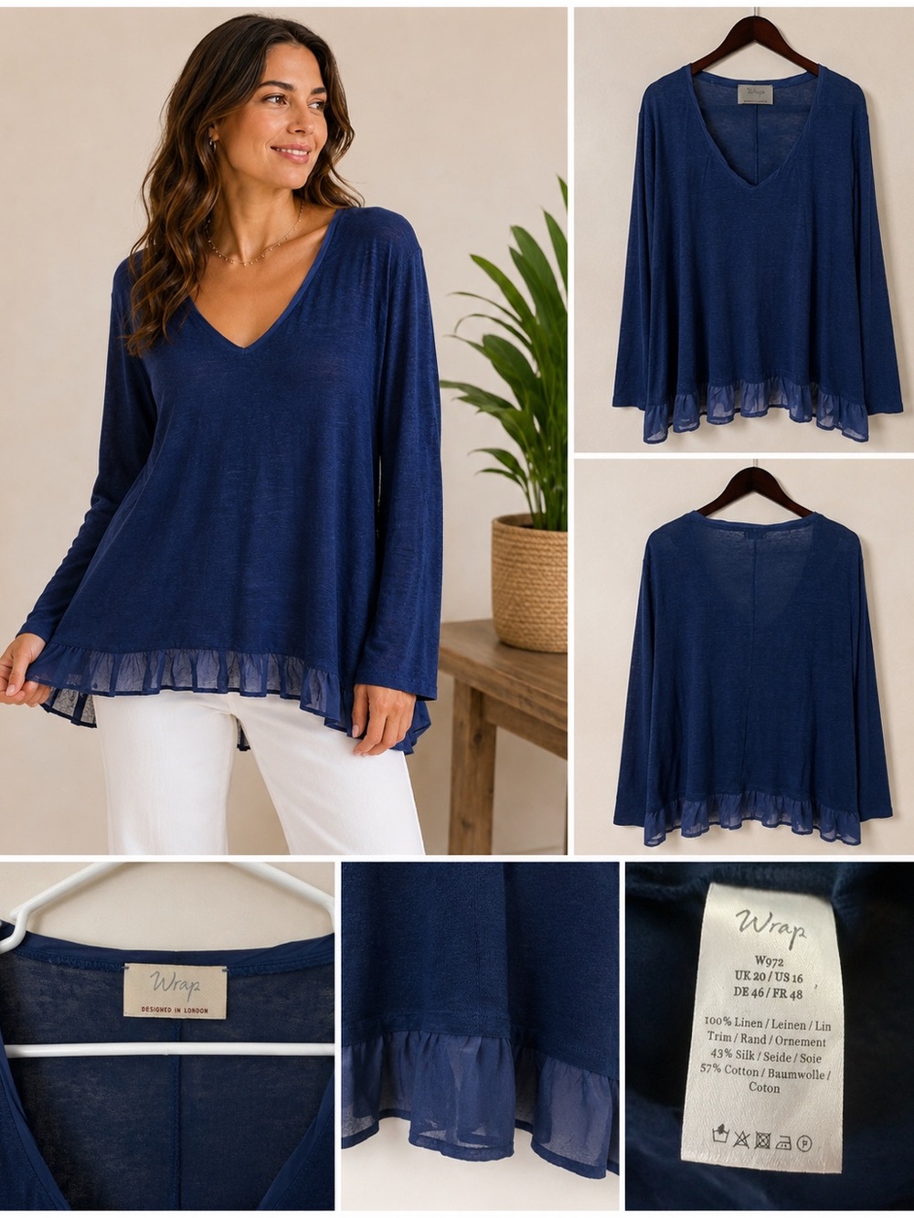 Wrap London Blue Linen Blend Ruffle Hem Tunic Top US 16 XL Boho Romantic